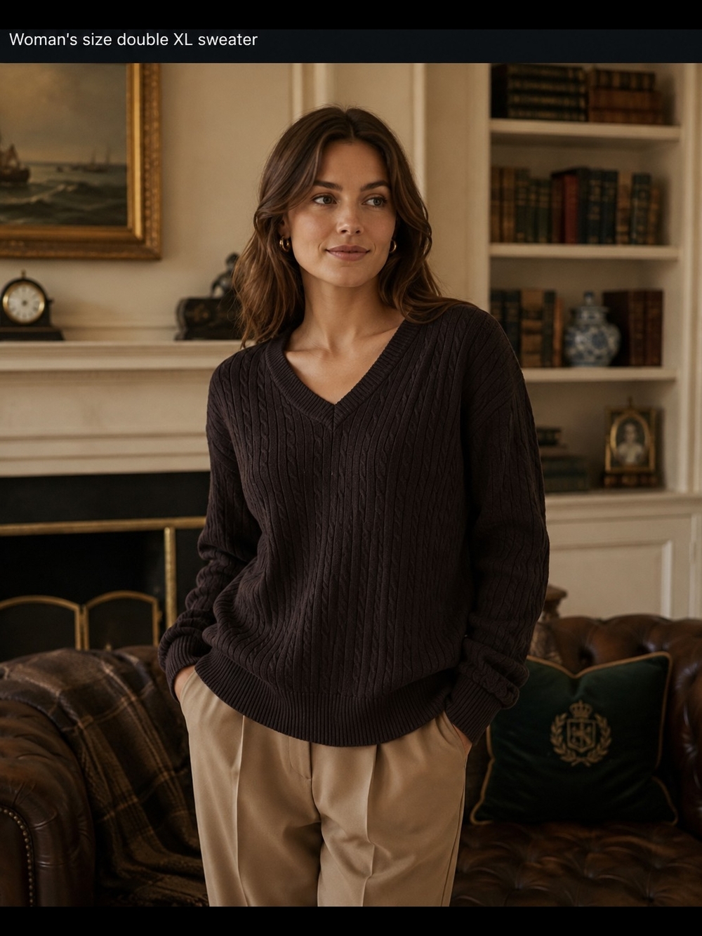 Tommy Hilfiger Women's V-Neck Cable Knit Sweater - Dark Brown
